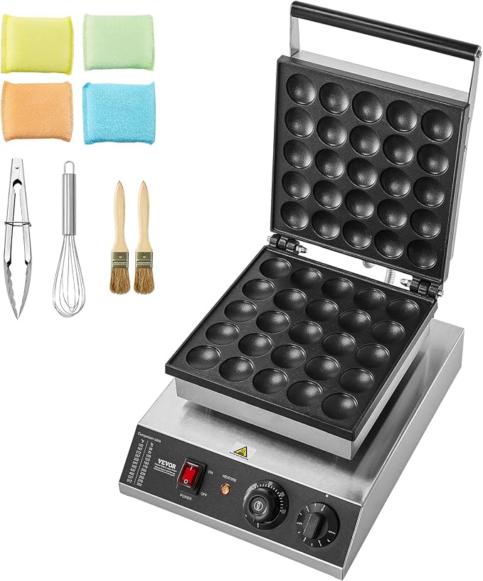VEVOR Mini Dutch Pancake Maker, 25PCS 43mm Diameter Dorayaki Baker Machine, 1700W Commercial Electric Poffertjes Grill, Non-stick Stainless Steel, Temp & Time Control, for Home Kitchen Restaurant