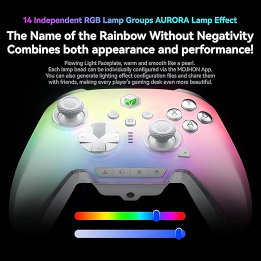 MOJHON Rainbow 3 Wireless Controller 2000Hz Polling Rate Capacitive Joystick 16 Mechanical Keys 14 Custom RGB Lights 6-Axis Gyro Sensor Switchable Hall/Micro-switch Trigger 3.5mm Audio Jack Gamepad for PC/Switch2/iOS/Android
