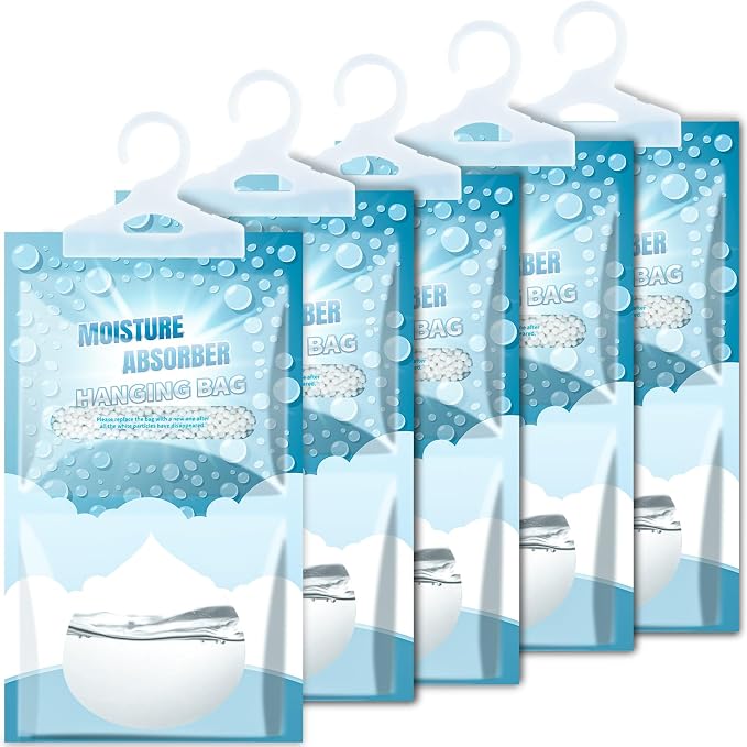 Moisture Absorbers 5 Pack - Fragrance Free Humidity Absorber High-Efficiency Dehumidifier Bags Portable Moisture Hanging Bags for Closet, Bathroom and Kitchen