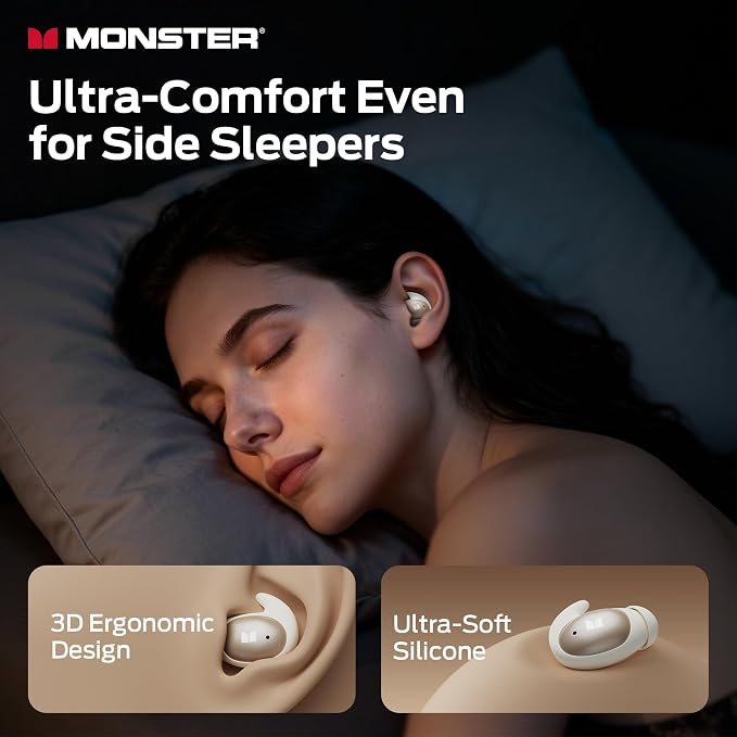 Monster Sleep Ear100 Ear Buds, Sleep Earbuds with Stereo Sound, Design for Side Sleepoth 6.0, ENC Noise Cancelling, IPX6 Waterproof Mini Headphones,White