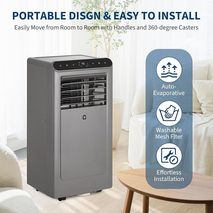 10000 BTU Portable Air Conditioners, 4-In-1 Portable AC Unit for Rooms Up to 450 Sq. Ft, Dehumidifier, Fan, Energy Saving, Remote Control, 24 Hour Timer, Sleep Mode, for Bedroom/Office,Grey