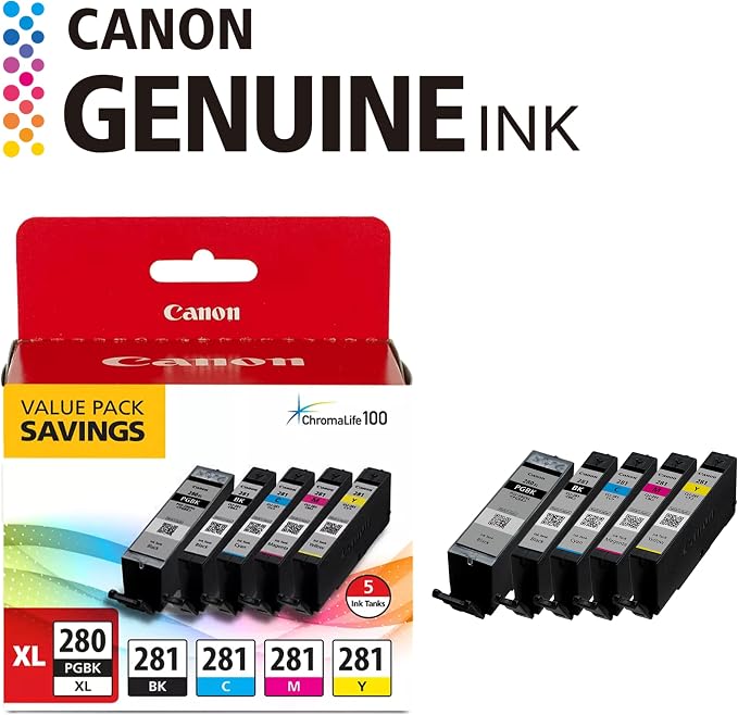 Canon PGI-280XL/CLI-281 5 Color Pack Compatible to TR8520, TR7520, TS9120 Series,TS8120 Series, TS6120 Series