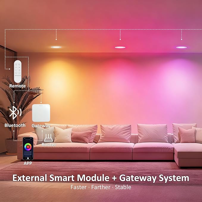 Wi-Fi & Bluetooth Smart Recessed Lighting 6 Inch RGBCW Downlight Can Lights – 13W 1100LM 93CRI, Ceiling Light with Signal-Boosting Mesh Gateway,Compatible with Alexa,Remote/App/Switch Control, 12 Pack