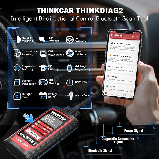 Thinkdiag2 All System Bidirectional OBD2 Diagnostic Scanner for iOS & Android, THINKCAR Bluetooth Scan Tool with CAN-FD Protocol, 15+ Reset Functions, ECU Code, Active Test, AutoVIN, 1 Year Update