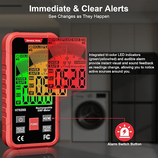 3-in-1 EMF Meter & Detector, Portable Rechargeable RF EF MF Tester with Sound & Light Alarm, for Home WiFi Signal & Electronics