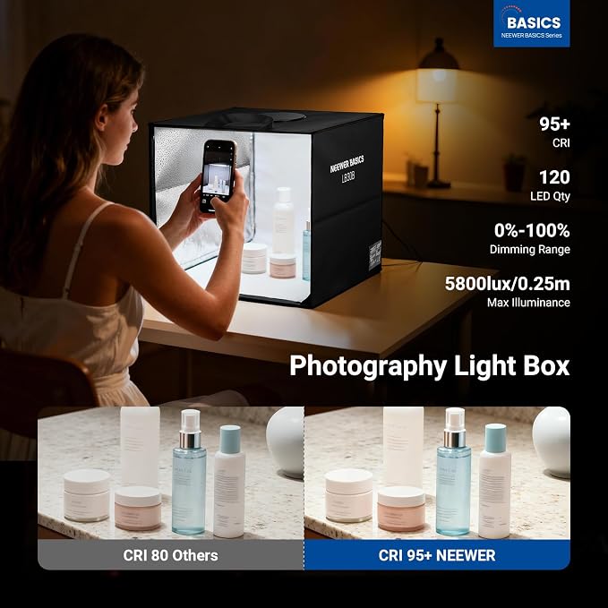 NEEWER Basics Bi Color Photo Studio Light Box, 12"x12"x12" Folding Photo Booth Shooting Tent with 6 Color Backdrops, 120 LEDs CRI95+ Dimmable for Tabletop Jewelry Electronics Food Photography, LB30B
