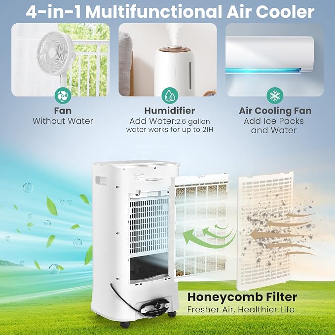 DORTALA Evaporative Air Cooler, Portable Cooling Fan with Remote, 15H Timer, 63° Oscillation, 3 Modes, 3 Speeds, 2.6 Gal Water Tank, Personal Swamp Cooler for Bedroom Home Office Dorm