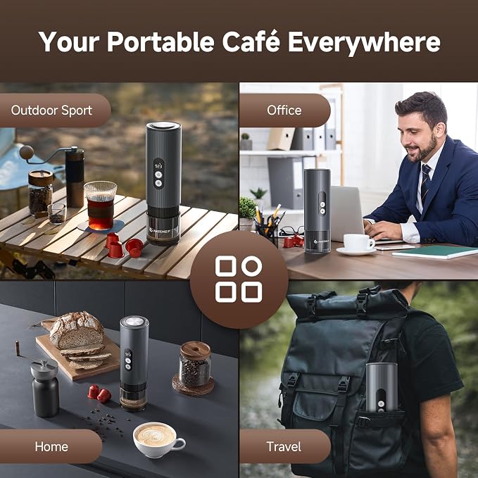 AMZCHEF Portable Coffee Maker Rechargeable w/ 9000mAh Battery, 2-in-1 Travel Espresso Maker for Ground/NS Capsules, Car Espresso Machine Self-Heating for Camping, RV, Hiking, Office