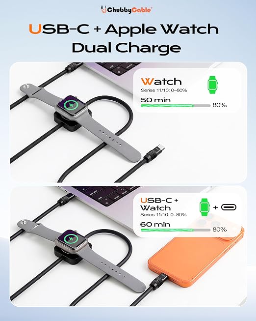 chubbycable Solo-Flex 2-in-1 USB-C Cable with Apple Watch Charger, Built-in 5W Magnetic Charger for Apple Watch, 100W Fast Charging, 4FT Thick Silicone Cable, Black