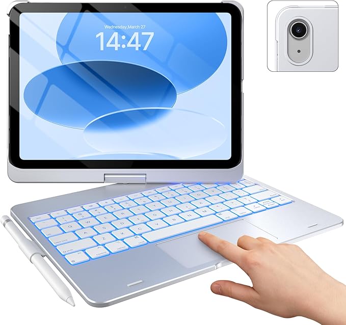 typecase Touch iPad 11th 10th Generation Case with Keyboard (11" 2025, A16 & 10.9" 2022) – 360° Rotatable, 11-Color Backlit, Multi-Touch Trackpad, Pencil Holder, Thin & Light – Silver