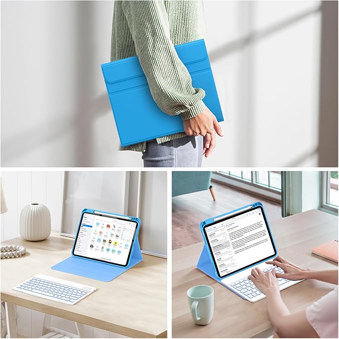 Soke for iPad (A16) 11th/10th Generation Case with Keyboard(2025/2022)-7 Color Backlight Wireless Detachable Folio Keyboard Cover with Built-in Pencil Holder for iPad 11/10.9 inch, Sky Blue