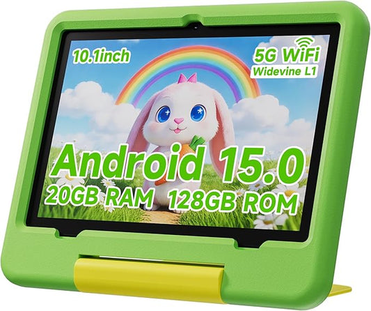 PEICHENG Tablet for Kids with EVA Protective Case, Android 15.0 Toddler Tab PC 10.1Inch RAM 20GB(4+16Expand) + ROM 128GB IPS 800 * 1280 5.0Bluetooth (Green)