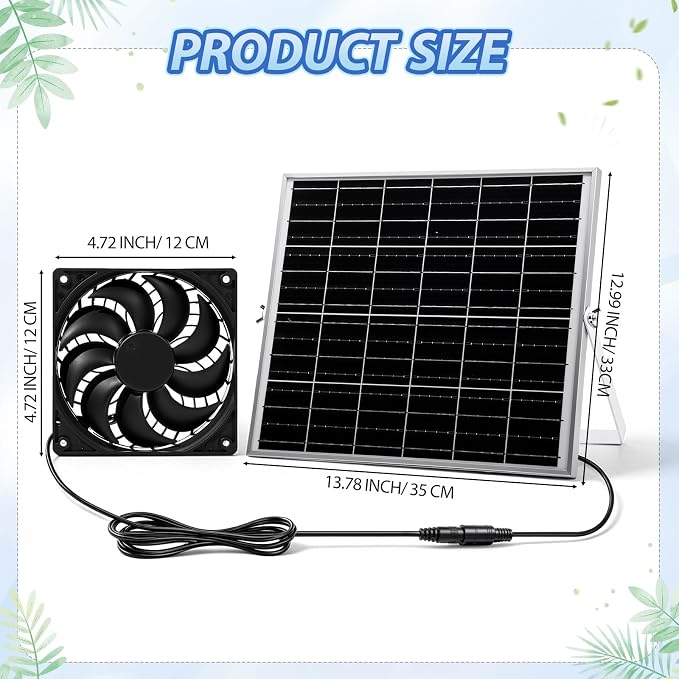 Solar Exhaust Fan Set - 5" Ventilation Vent Fan with 25 W Solar Panel & Waterproof Cord for Chicken Coop, Shed, Pet House, Greenhouse