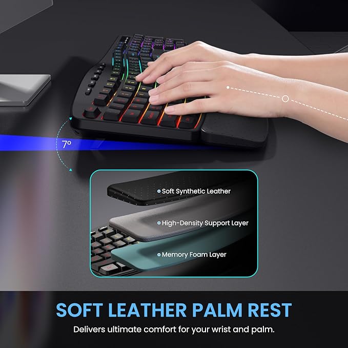 COLIKES Ergonomic Wireless Keyboard and Mouse Silent, Rechargeable Wave Keyboard with 15 Lighting RGB Backlit Effects, Soft Leather Wrist Rest, 3200 DPI Mouse for PC Computer Laptop Windows Mac