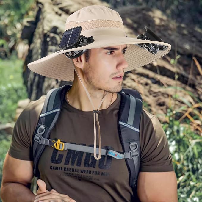 Outdoor Solar Powered Fan Hat for Men Women Breathable Wide Brim Hat with 2 Fans UPF 50+ Fishing Hat Beach Bucket Sun Hat
