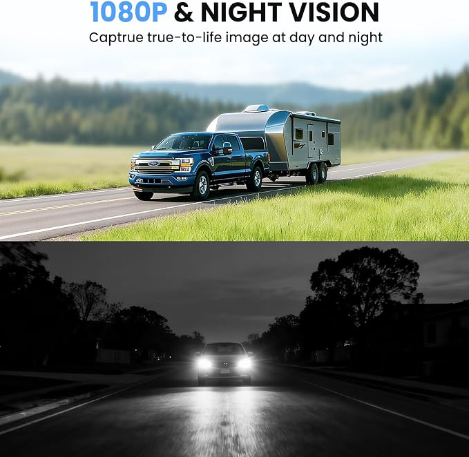 Magnetic Solar Wireless Backup Camera with 7" 1080P Monitor, 2 Backup Cam-Kit, Alarm Function, Night Vision,Easy Install, Trailer Back up Camera Systems for RV Truck Camper SUV