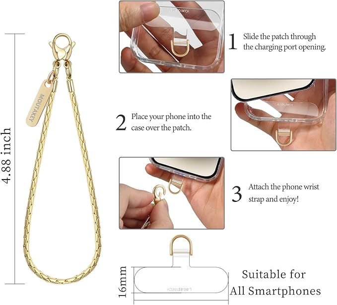 MOUTAKEY Phone Wrist Strap Metal Phone Chain Wristlet Strap Detachable iPhone Lanyard Wrist with 2 Tether Tabs iPhone Charm strap For Women girls Shopping Traveling Party Walking