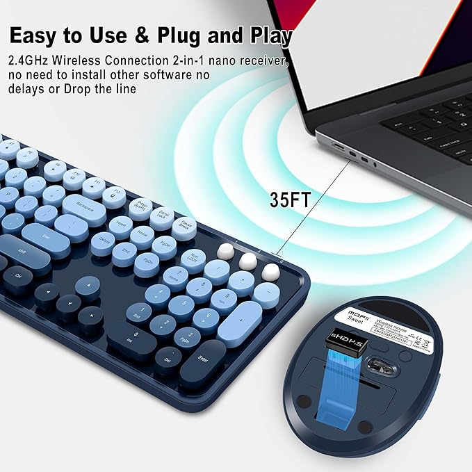 Kootop Wireless Keyboard and Mouse Combo, Cute Colorful 104 Keys Typewriter Retro Round Keycaps Keyboard for PC Laptop,Desktop,Windows, Home and Office Keyboards(Blue)