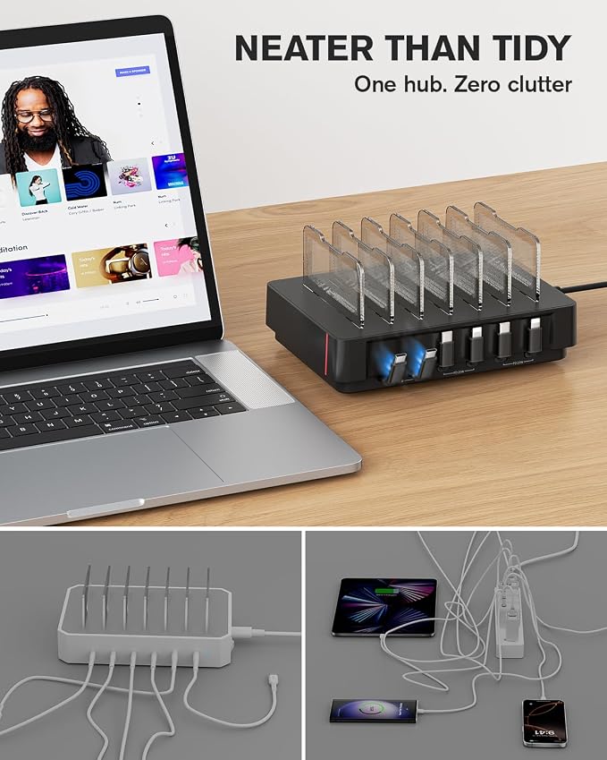 SooPii HomeHub H1 Charging Station for multiple devices,Upgraded 6-Port Desktop Fast Charger with 6 Retractable Cables（4*C+2*iP）,60W PD charger station for iPhone/Tablet,Tangle-Free Charging Organizer
