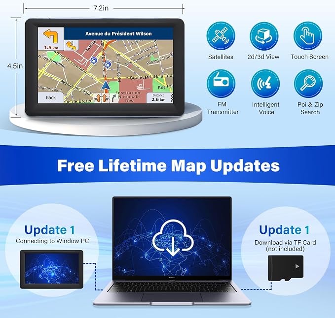GPS Navigator for Car Truck RV - 7'' HD Touchscreen Navigation System, Latest 2026 Maps Free Lifetime Updates, Speed & Red Light Warning, Turn-by-Turn Voice Guidance for All Cars