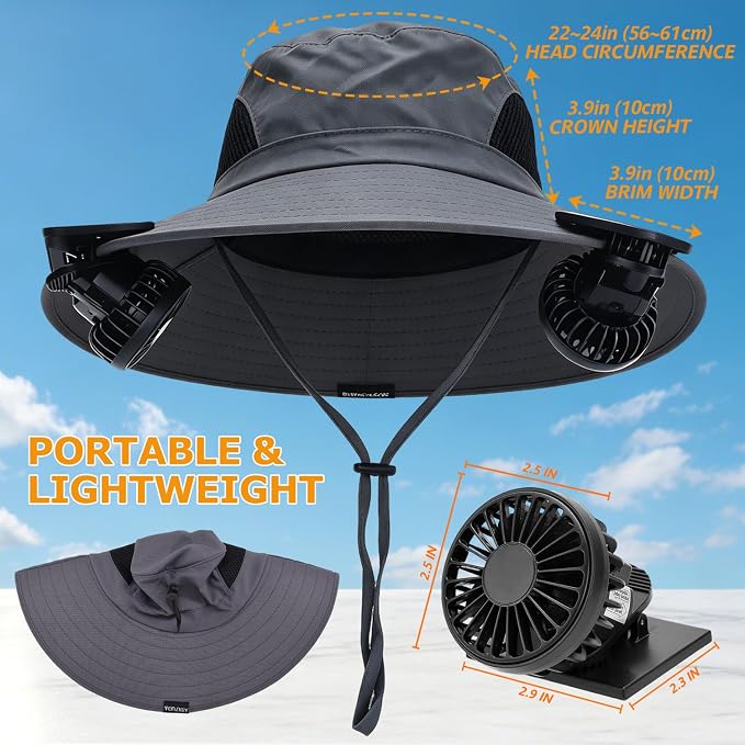 Wide Brim Sun Bucket Hat with 2 Solar Powered Fan for Men & Women | Waterproof & UPF 50+ Sun Protection Hat with Dual-Power Clip-On Cooling Fans for Outdoor Hiking Fishing Gardening