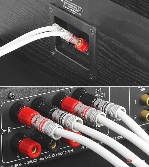 Nakamichi Excel Series 24k Gold Plated Banana Plugs with Speaker Cable Wire 99.9% Oxygen-Free Copper (OFC) Heavy Duty Braided for Amplifier Hi-Fi Home Theatre - White (12 AWG / 15 feet / 4.5m)