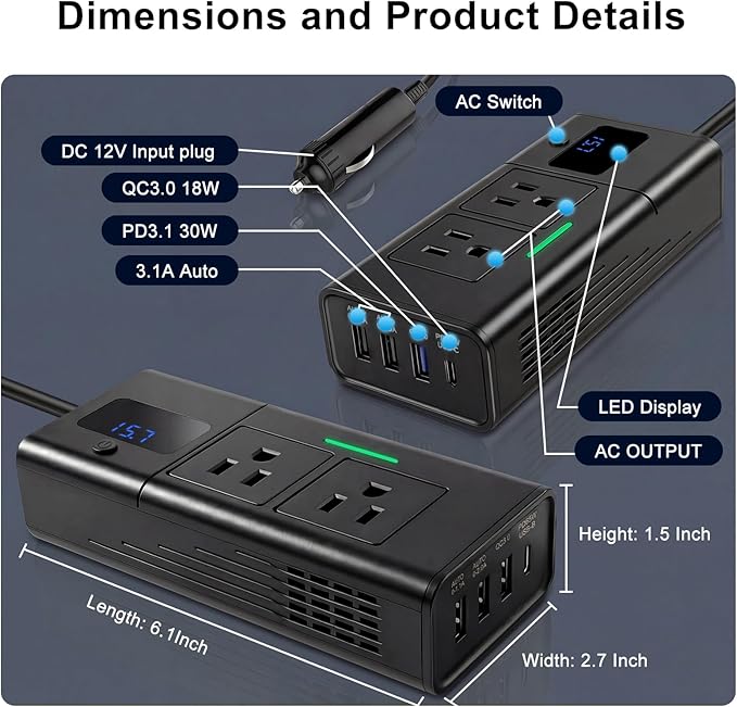 HANSSHOW 200W Car Power Inverter for Tesla Model Y/Juniper/3/S/X 16V Compatible Dual DC 12V to 110V AC Outlet Adapter 30W USB-C &18W USB Fast Car Converter with LED Display for Road Trip Camping Gift