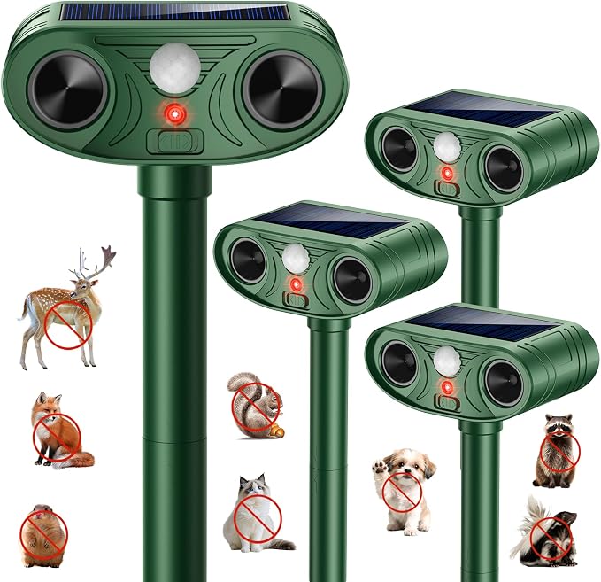 2026 Upgraded Ultrasonic Solar Animal Repellent Outdoor, Deer Repellent Devices Squirrel Cat Raccoon Rabbit Dog Deterrent with Motion Sensor for Yard Garden Lawn (4-Pack)