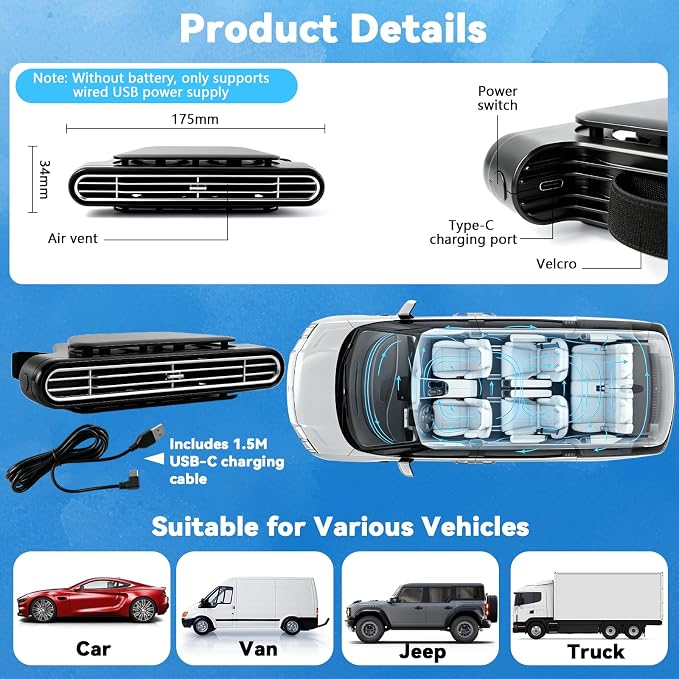 1PCS Car Seat Fan, Portable Car Fans for Backseat for Kids, USB Rechargeable Backseat Neck Cooling Air Conditioner Cooler Vent Clip on Fan with 3 Adjustable Wind Speeds Device for All Cars-Black