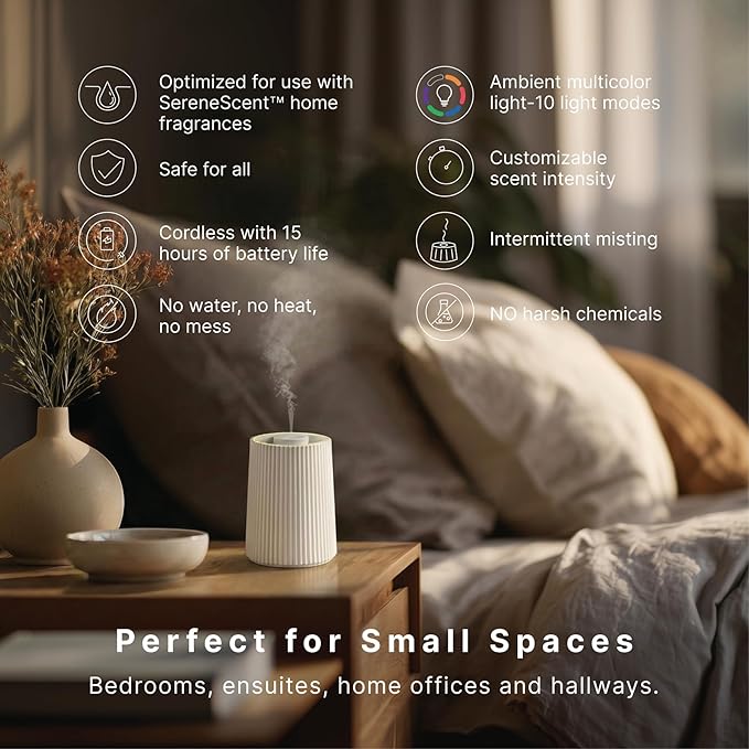 Homedics Waterless Essential Oil Diffuser with 15ml Vanilla Cedarwood Fragrance Oil. SereneScent Cordless Cold Air Scent Diffuser Starter Kit with Ambient Light, Studio 671 (White)