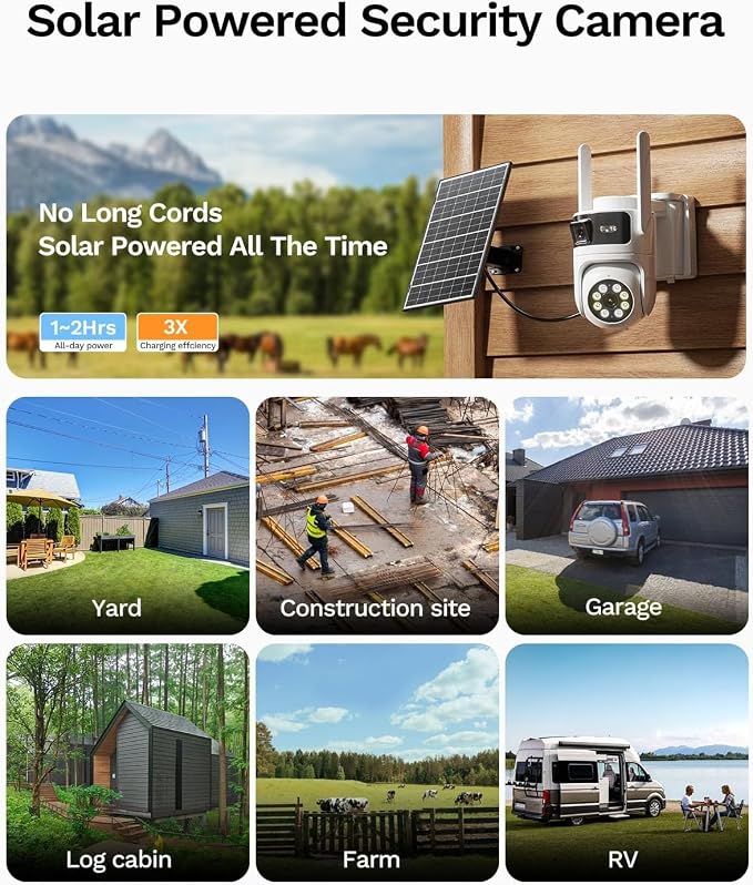 Dual Lens Solar Security Cameras Wireless Outdoor: 2MP+2MP AOV 24/7 Continuous Recording Solar Powered Security Camera Wireless, 2.4G/ 5G WiFi6 Camera with SD Card, 2-Way Talk, Color Night Vision