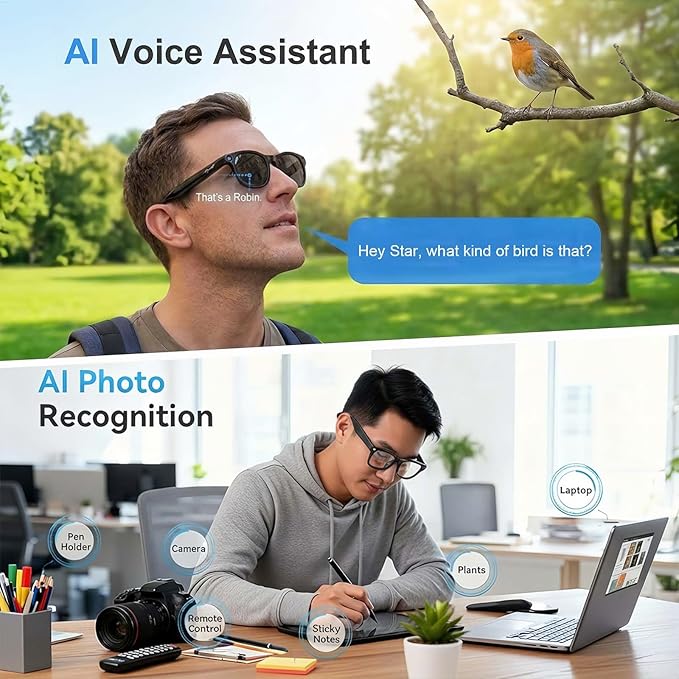 AI Smart Glasses with Camera, 8MP HD Bluetooth Camera Glasses,1080P Video Recording,Real Time Translation Sunglasses,AI Assistant,Object Recognition,Open-Ear Music for Travel, Meetings Vlog