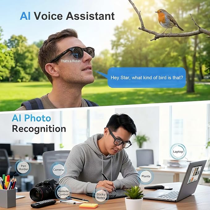 AI Smart Glasses with Camera, 8MP HD Video, Real-Time Translation | Photo Capture,Object Recognition,300 mAh Battery,80min Video Time,Open-Ear Music, Bluetooth Calls, AI Assistant