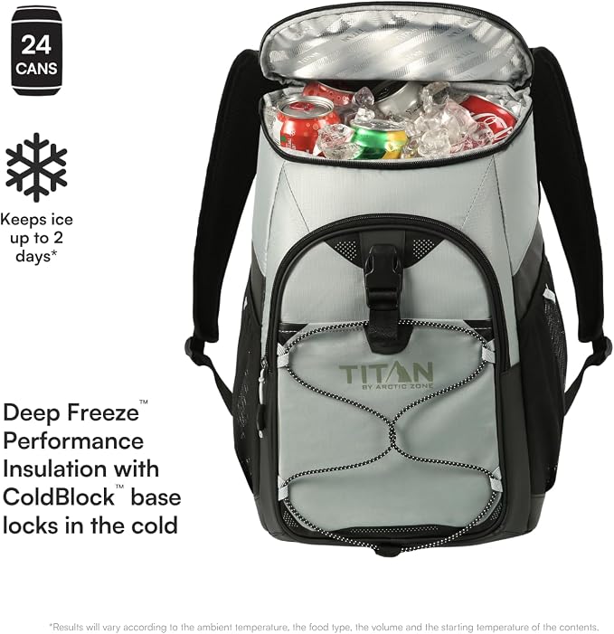 Titan by Arctic Zone Backpack Cooler, Insulated Soft Sided Bag with Leak Proof Lining and Padded Straps, for Lunch, Picnic, and Travel, 24 Can Capacity