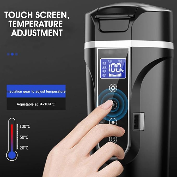 Akozon Smart Temperature Control Travel Coffee Mug 450ml 12-24V Electric Heated Travel Mug Stainless Steel Car Cup 0-100℃ Adjustable,20-25 MIN Quick Heating