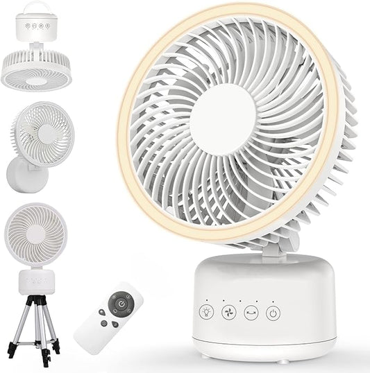 Electactic Personal Fan, Camping Fan - Rechargeable, 360° Oscillation, Type-C, LED, 4 Speeds, Remote/Timer. Hanging/Wall Mount, Tripod Stand. Office, Bedroom, Indoor/Outdoor, Tent, Travel, Jobsite