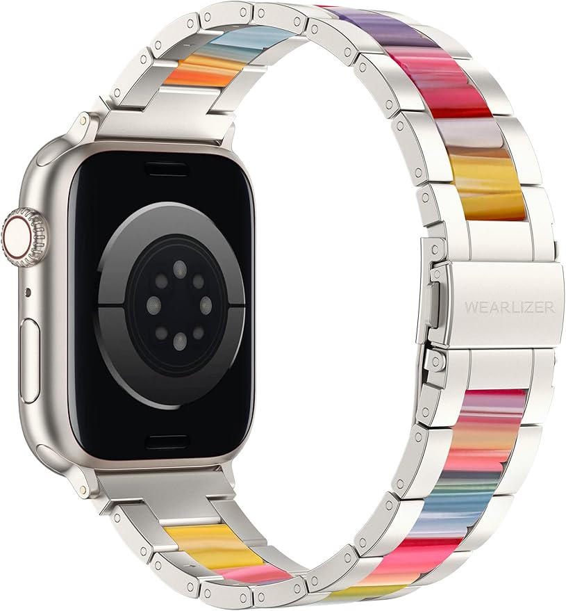 Wearlizer Compatible with Apple Watch Band 42/44/45/46/49mm Fashion Wristband Women, Stainless Steel+Resin Metal Replacement for iWatch Series 11 10 9 8 7 6 5 4 3 SE/Ultra 3 2 1-Starlight+Rainbow