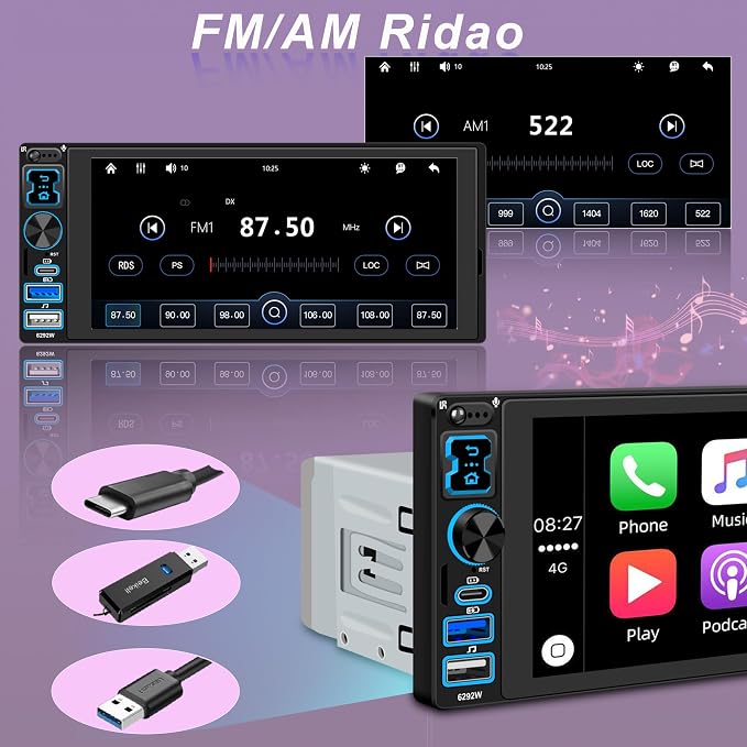 Single DIN Car Stereo Radio with Wireless Apple CarPlay & Android Auto, 6.9" IPS 1280x600 Touchscreen, Bluetooth 5.2, FM Radio, Backup Camera, 1 DIN Head Unit, 180W Subwoofer Out, Type-C Fast Charging