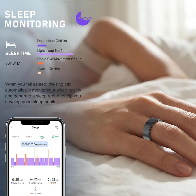 Smart Ring for Women & Men,Fitness Tracker with Heart Rate,Blood Oxygen,Blood Pressure,Sleep Monitoring, Step Counting,IP68 Waterproof,Black 9# for iPhone and Android,No Subscription