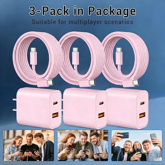 iPhone 17 16 15 Charger Fast Charging 10FT Long USB C Charger Cable with 20W Dual Port Block - Type C Charging Cable Compatible with iPhone 17/17 Pro/17 Pro Max/17 Air, 16/16e, 15, 3 Pack (Pink)