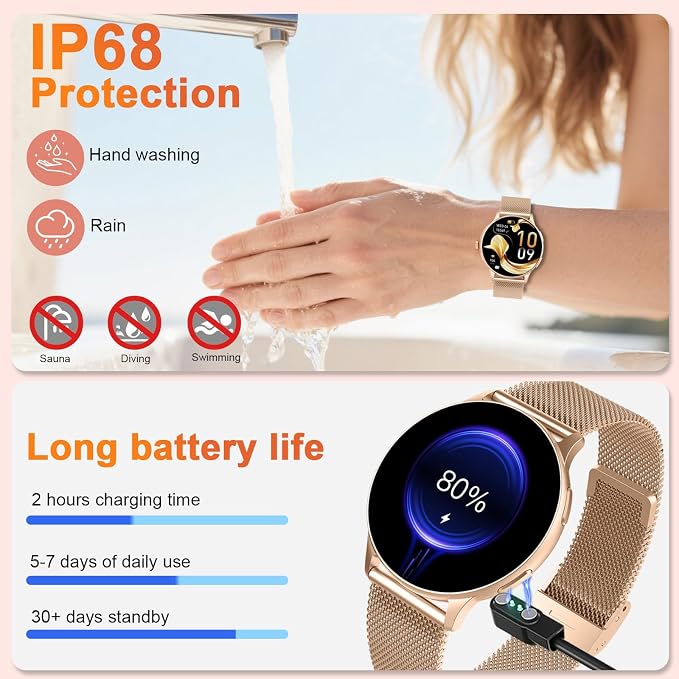 Jugeman Smart Watches for Women, Fashion Womens Watch for Daily Wear with Step Heart Rate Sleep Tracking, IP68 Waterproof Lightweight Wrist Smartwatch for Work Travel Fitness, Gifts for Women (Gold)