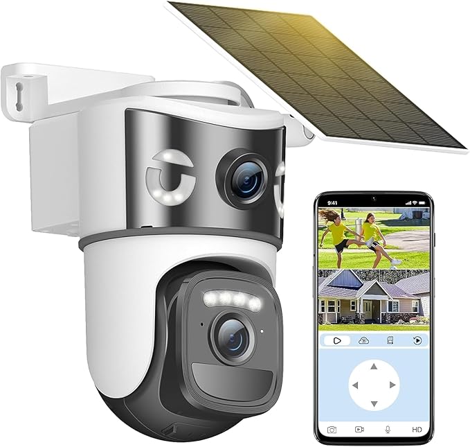 8MP 4K Solar Security Camera Outdoor, Dual Lens Wireless WiFi PTZ Camera, 360° Pan 90° Tilt, Color Night Vision, Auto Human Tracking, Two-Way Audio, IP66 Weatherproof Home Surveillance Camera