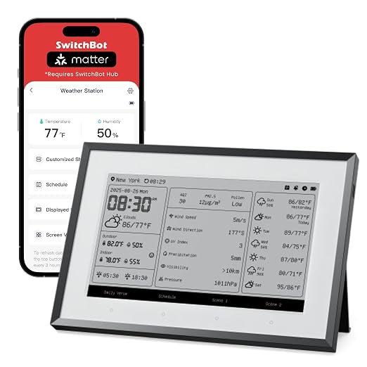 SwitchBot Smart E-Ink Home Dashboard, 7.5" Weather Station, Wireless Indoor & Outdoor Temperature and Humidity Monitor, Electronic Calendar Compatible with Google, iCloud, Outlook(Support 2.4GHz+BLE)