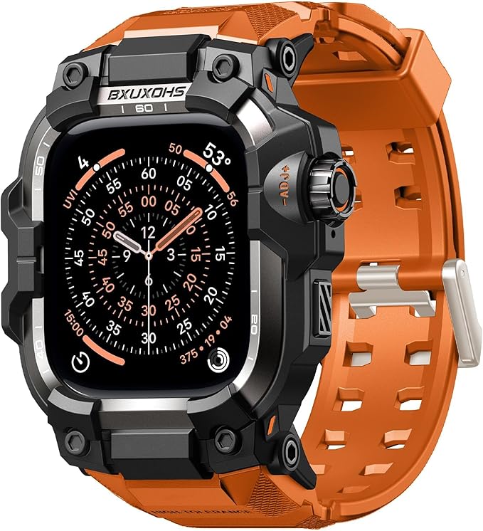 BXUXOHS Rugged Case and Band for Apple Watch 46mm Men, Compatible with Apple Watch Series 11/10, Military Grade Shockproof Bumper Cover, Tactical Band Case for iWatch 11/10 Man, Orange