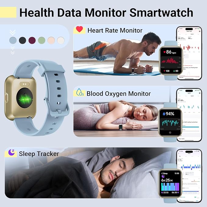 Quican Smart Watches for Men Women, Compatible with iPhone & Android | Sky Blue Fitness Tracker Smartatch with Alexa, Call & Notification Alerts, Tracks Heart Rate/Sleep Monitor