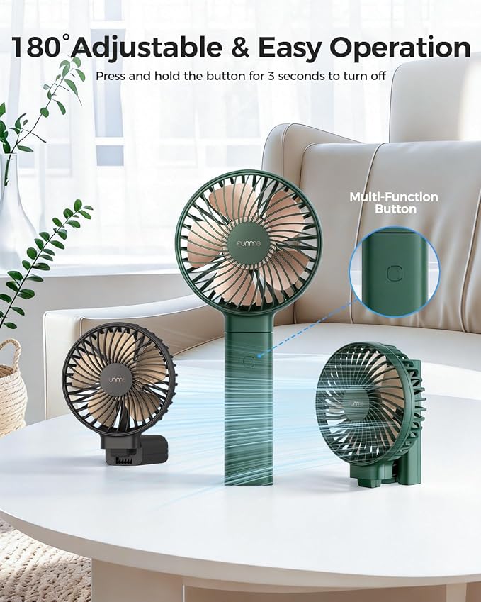 Funme Portable Handheld Fan, 5000 Battery with 20 Hour/4 Speeds/Easy Clean, Foldable Powerful Cooling Personal Desk Fan Exquisite for Desk/Travel/Office/Outdoor - Dark Green