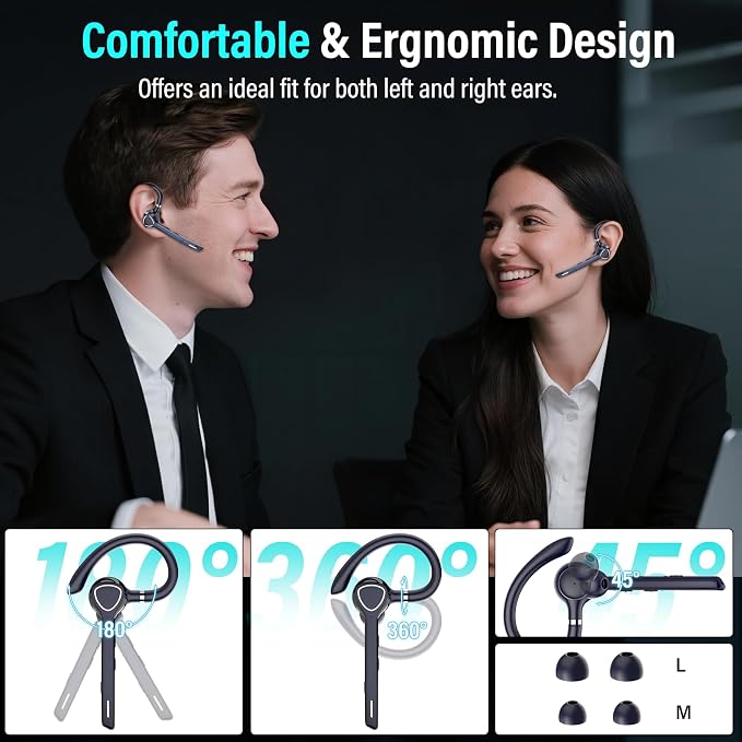 Bluetooth Headset with APTX HD Audio, Wireless Hands-Free Earpiece with CVC 8.0/ENC Dual Mic, Mute Button & Dual Device Connection, 90H Playtime Single-Ear Headphone for Trucker, Business, Navy blue