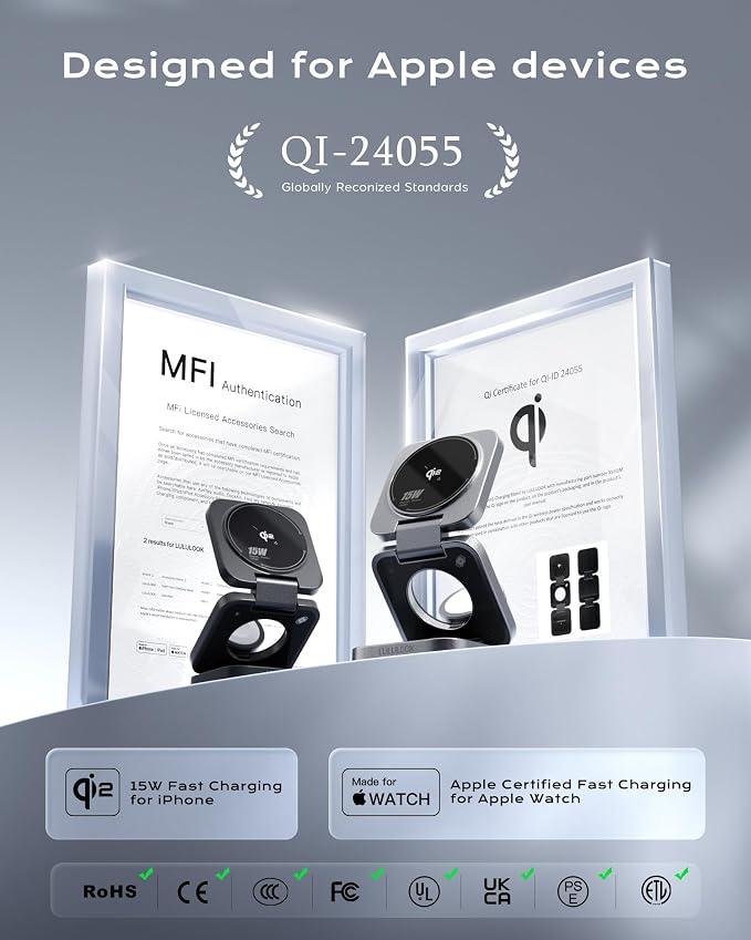 Qi2 MFi 3 in 1 Charging Station for Apple, Travel Magnetic Wireless Charger Stand for iPhone 17 Pro Watch and for Airpods, MFi and Qi2 Certified & 30W GaN Adapter Included (Hypervolt Black)