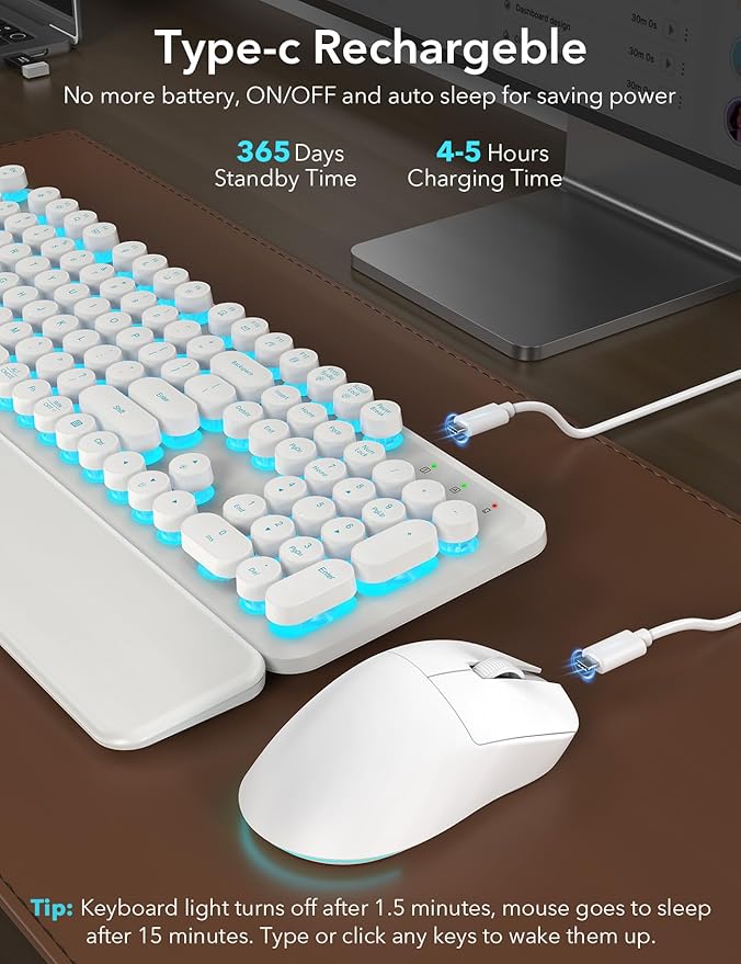 Wireless Keyboard and Mouse Backlit - White Typewriter Keyboard with Magnetic Wrist Rest, Retro Round Keycaps, Light Up Letters, 2.4GHz Cordless Combo for Mac, Windows, PC, Laptop, Trueque [Upgraded]