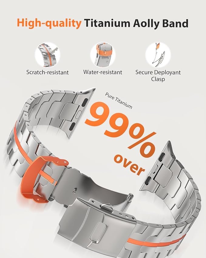 Upgraded Titanium Band Compatible with Apple Watch Band Ultra 3/Ultra 2/Ultra 49mm,Series 11/10 46mm,9/8/7 45mm,SE3/SE2/SE/6/5/4 44mm,3/2/1 42mm,Lightweight Durable Large Strap,Titanium/Orange